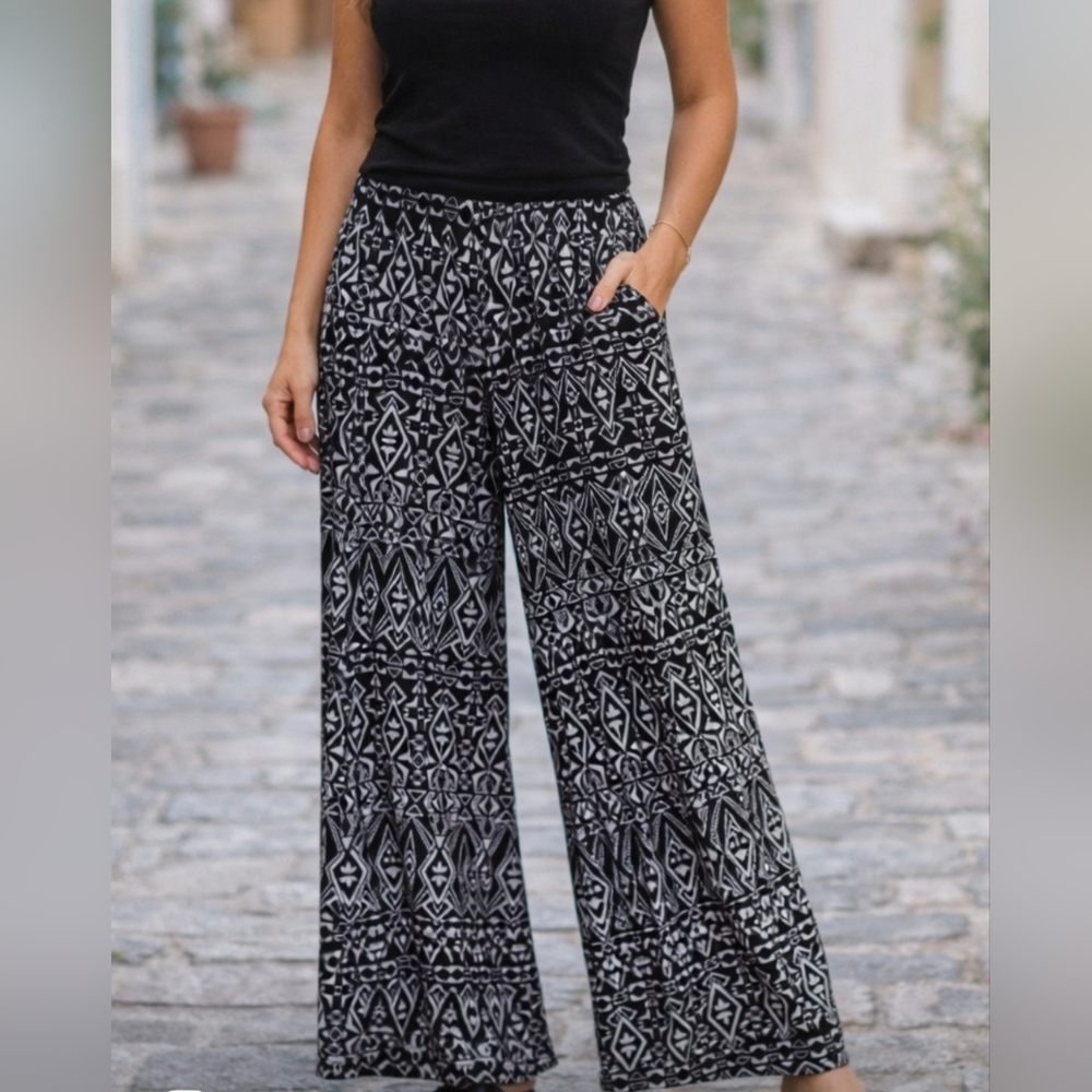 Eye Candy Black and White Patterned Wide Leg Pants - Picture 1 of 7
